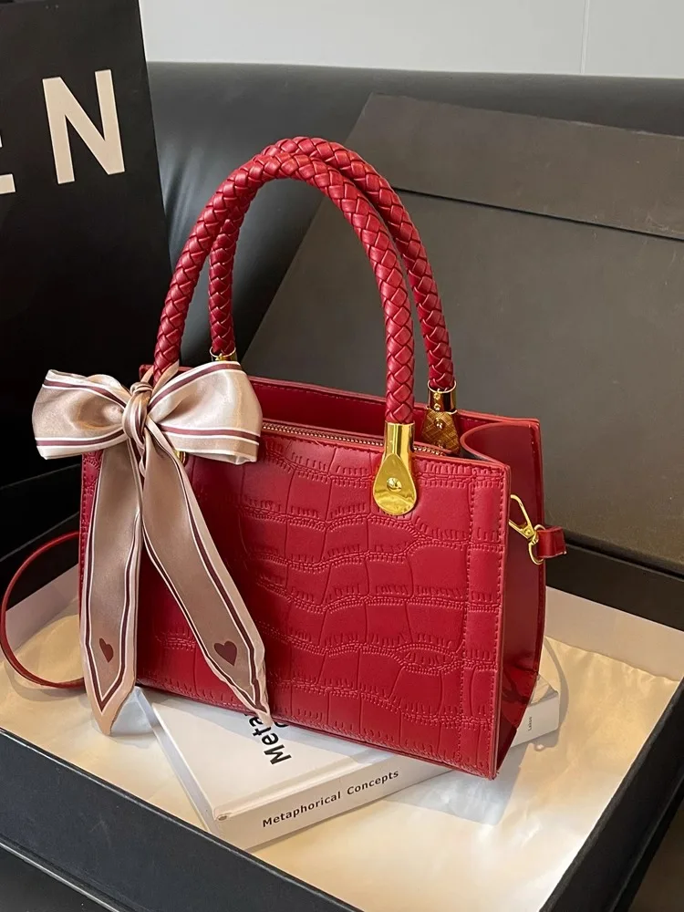 High Quality Red Bag For Women 2024 New Large-Capacity Handheld Crossbody Bag With Scarves Classic Stone Pattern Wedding Bag