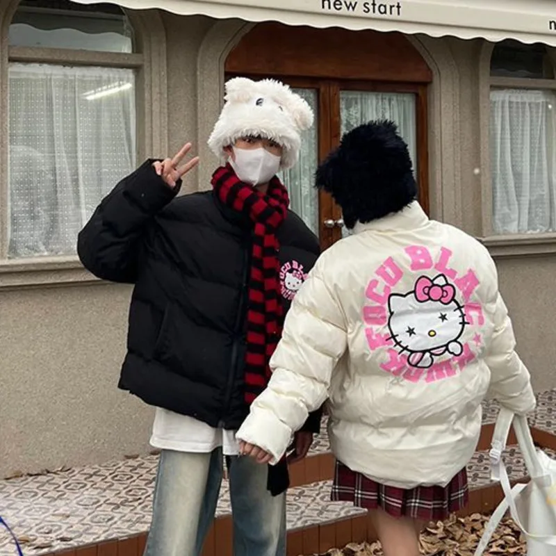 Sanrio Hallo Kitty Amerikanischen Stil Mode Gedruckt Jacke Winter Neue Dicke Warme Casual Baumwolle Kleidung Nette Mädchen Lose Zipper Mantel