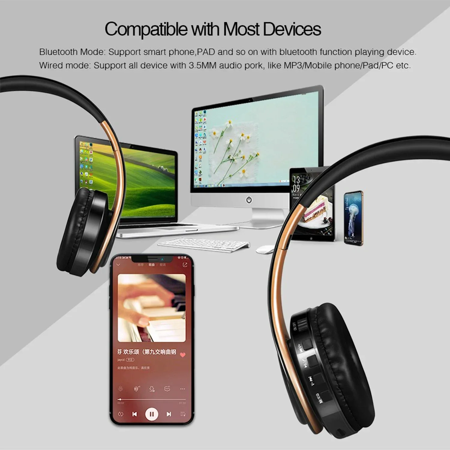 Wireless Bluetooth Headphones Stereo Headset Music Sports Overhead Earphone with Mic for Smart Phone TV PC Tablet