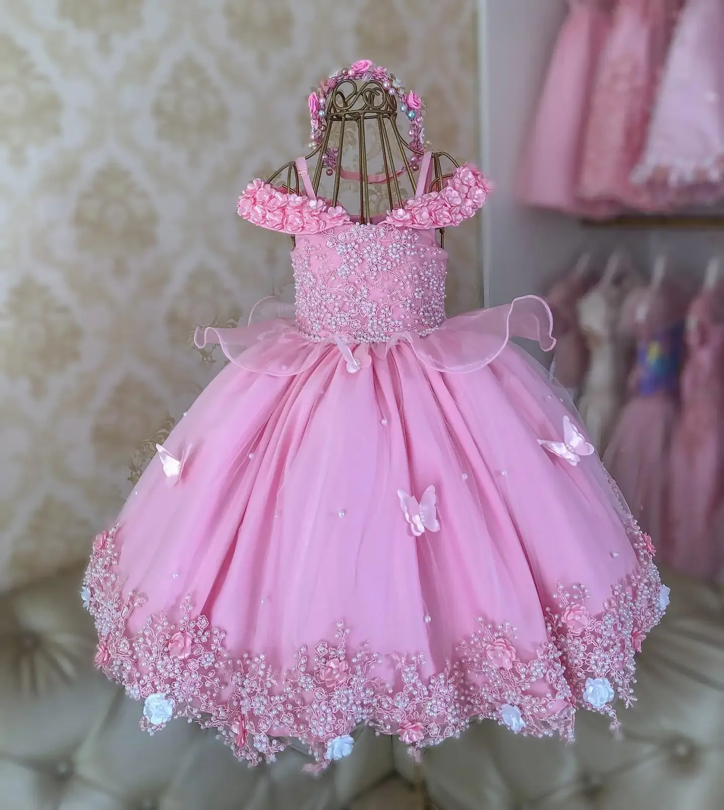 Customized Pink Beaded Flower Girls Dresses for Weddings Butterfly Floral Birthday Children Tulle Dress Girl Pageant Gowns