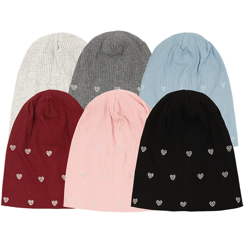 Women Rhinestone Love skullies Beanie Female Casual knitted Soft Design Solid Ribbed Bonnets Ladies Slouchy Hat Cap