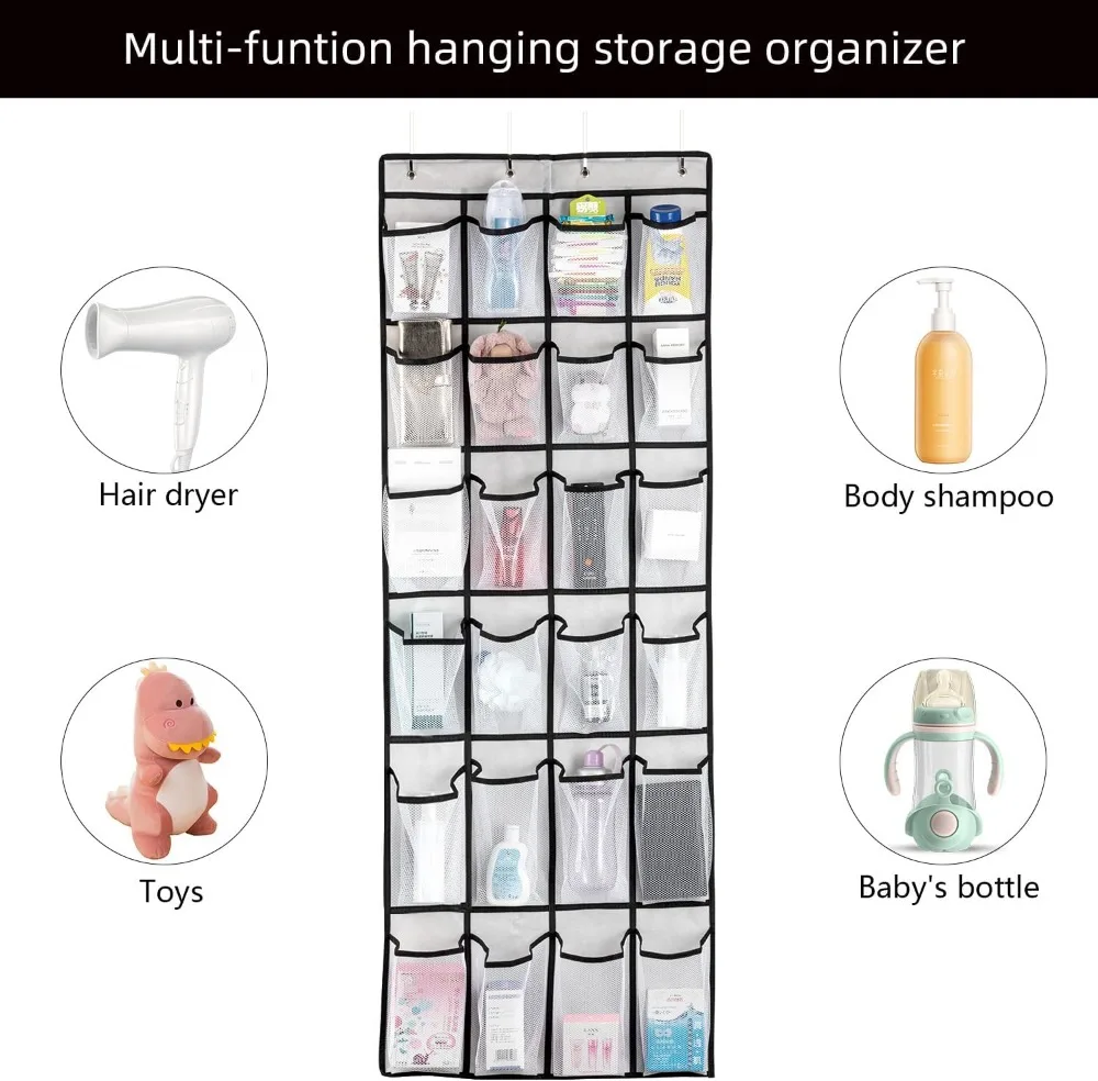 Over Door Shoe Organizer with 24 Mesh Pockets, Hanging Shoe Rack for Closet, Bathroom, Dorm, Adjustable Hooks, White view 5