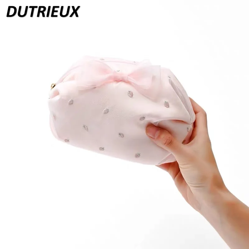 Sweet Cute Small Cherry Strawberry Embroidery Ball Cosmetic Bags for Women Soft Fashion Storage Sundry Makeup Bag Female