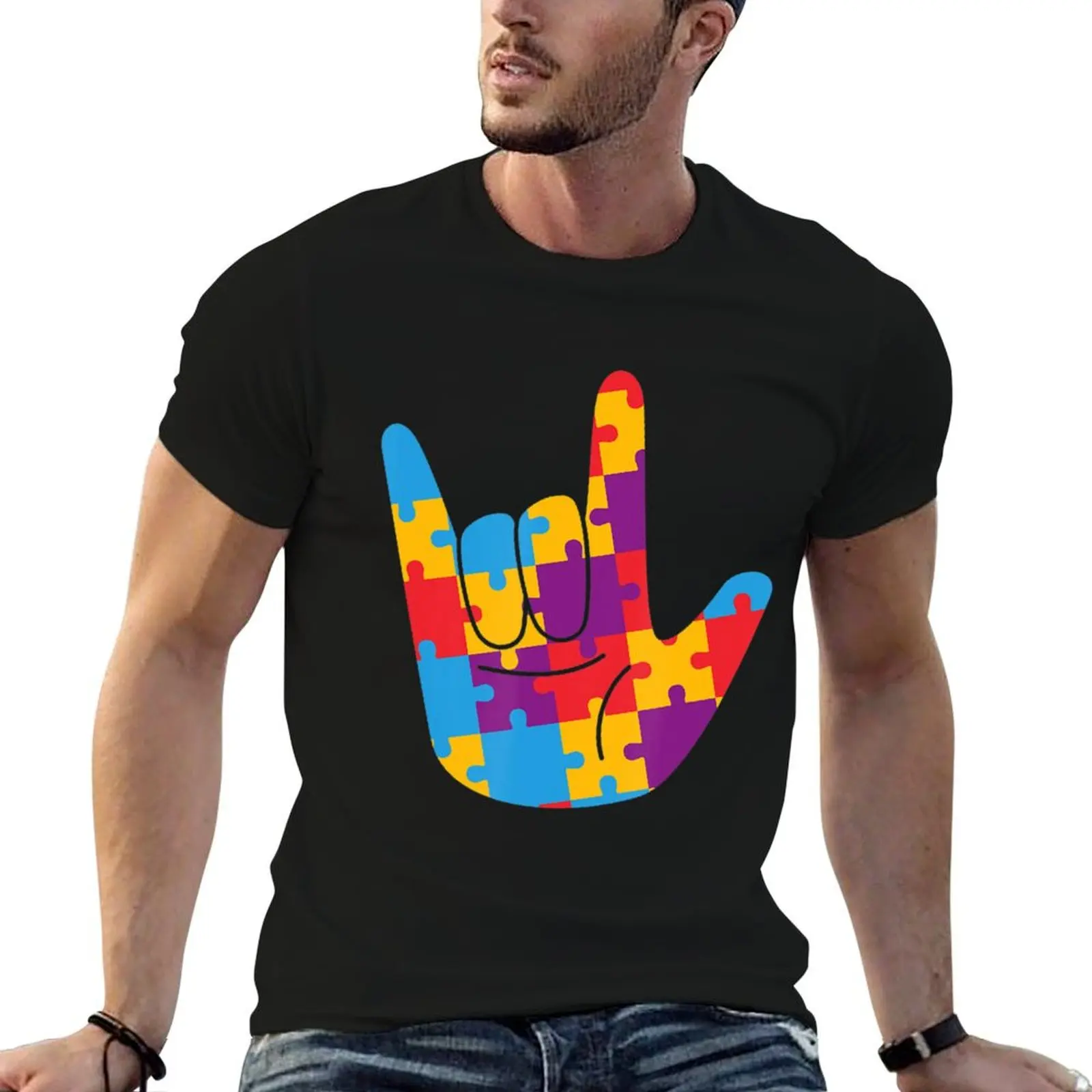 Asl Love Sign Language Autism Awareness Support Cute Puzzle T-Shirt Blouse anime t shirts black t shirts for men