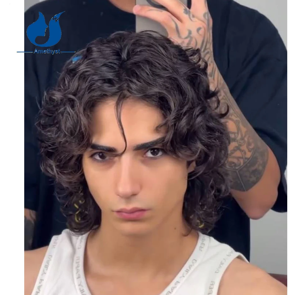 Amethyst Loose Curly Natural Black Wolf Cut Lace Front Human Hair Wig for Men Brazilian Remy Hair Middle Part Pre Plucked Wave
