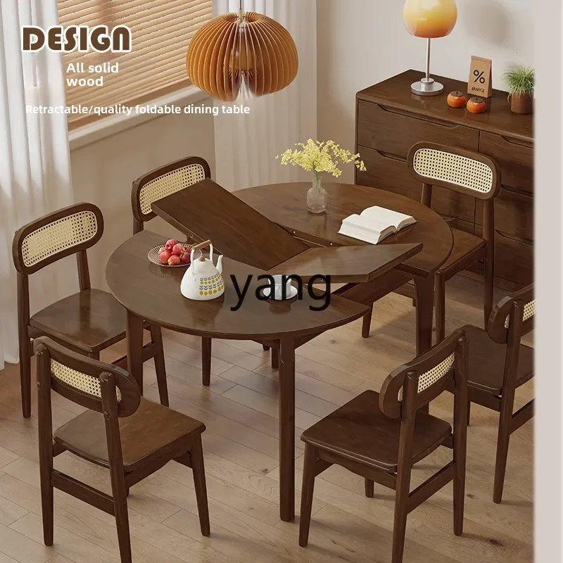 Lmm solid wood folding dining table square becomes round dining table household modern simple retractable oval dining table