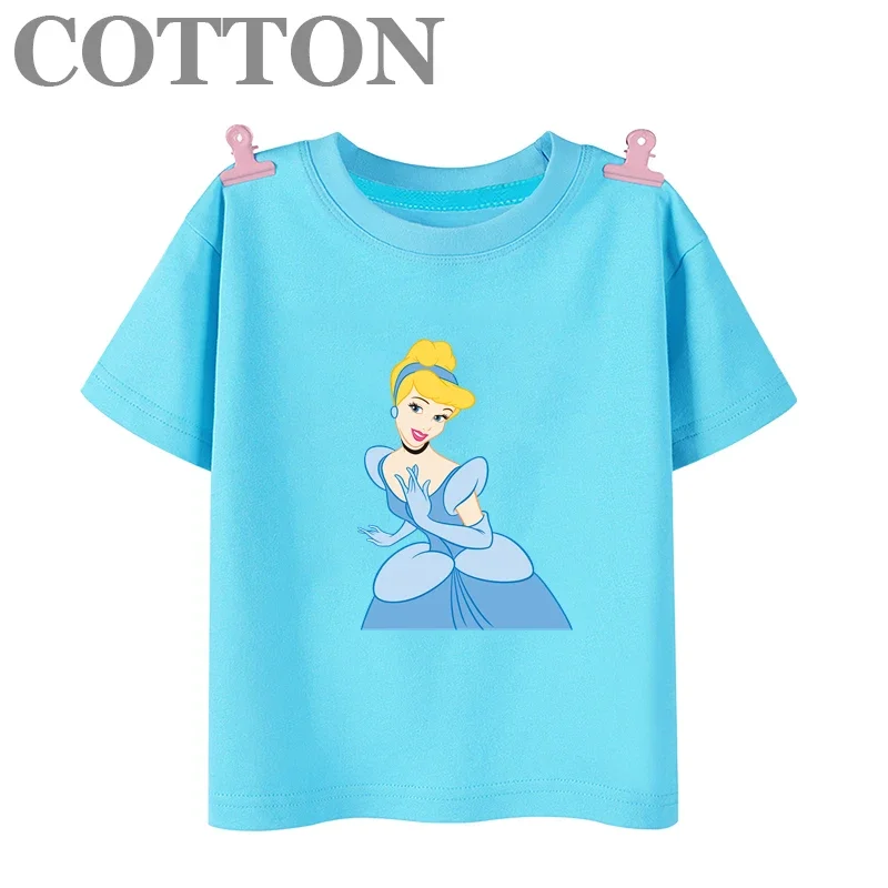 Disney Elegant Cinderella Princess Anime Summer Fashion Cotton Children\'s Cartoon T-shirt Round Neck Casual Short Sleeve Print