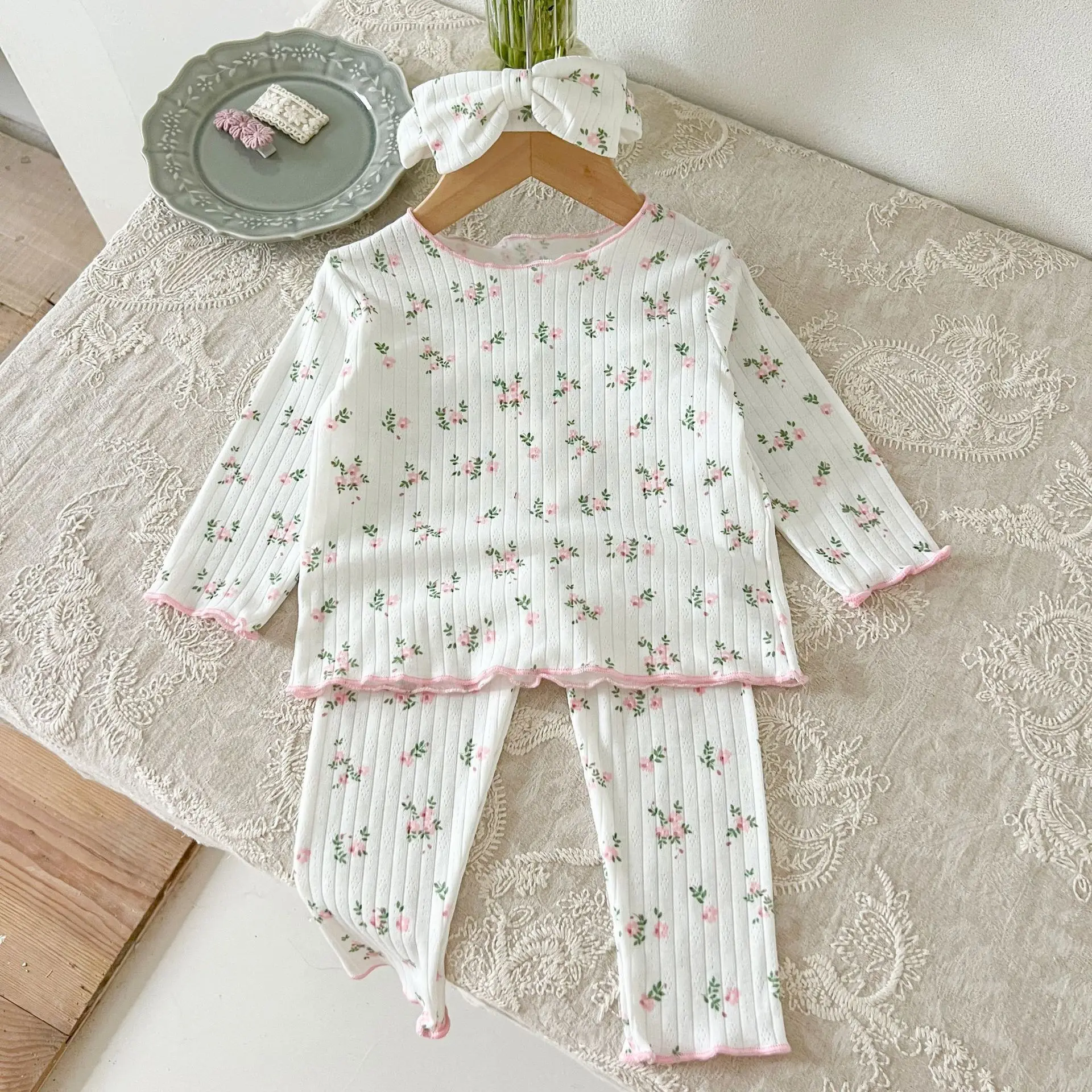� Neue Ankunft Baby Mädchen Blumen Druck Baumwolle Pyjama Set Langarm Spitze Trim Zwei Stück Nachtwäsche Herbst Homewear Infant Kleinkind ‌ – Detail 6