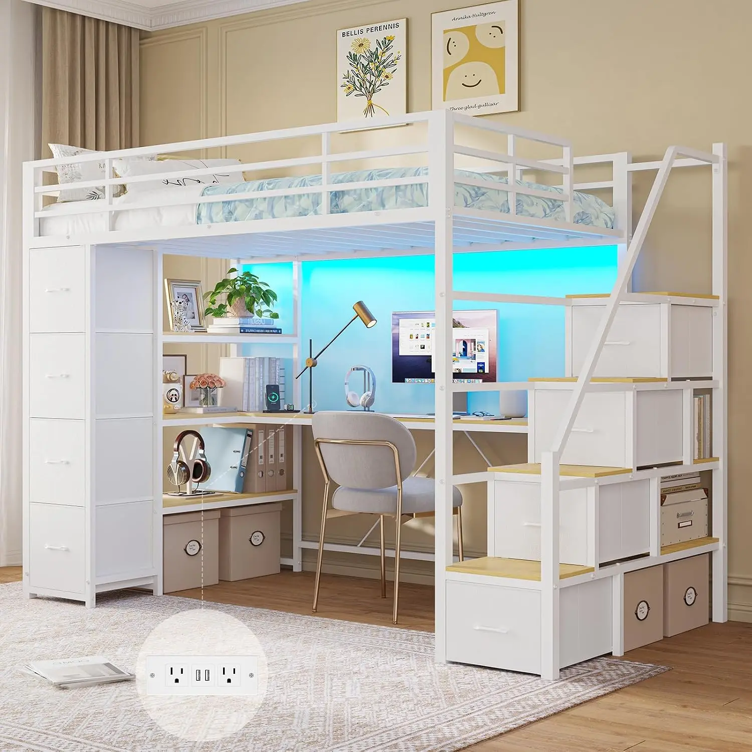 Loft Bed Twin Size with Storage Stairs,Desk and Charging Station,Metal Twin Loft Bed with LED Lights,8 Storage Drawers