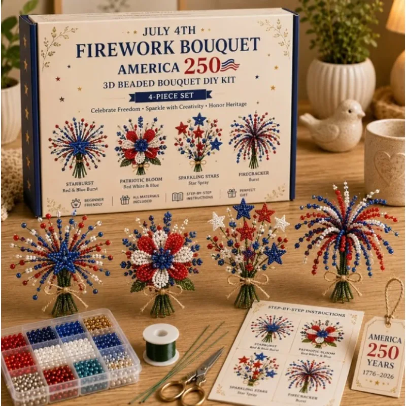DIY Beaded Flower Bouquet Kit America 250th 1776-2026 4 Pack Patriotic Craft for Independence Day Home Party Decor