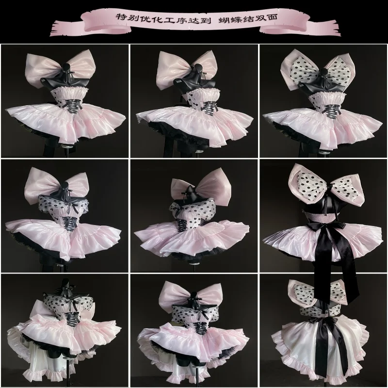 달콤한 소녀 공주 생일 파티 드레스 핑크 도트 오프숄더 하이웨이스트 큰 리본 트레일링 퍼피 미니 로리타 이브닝 드레스