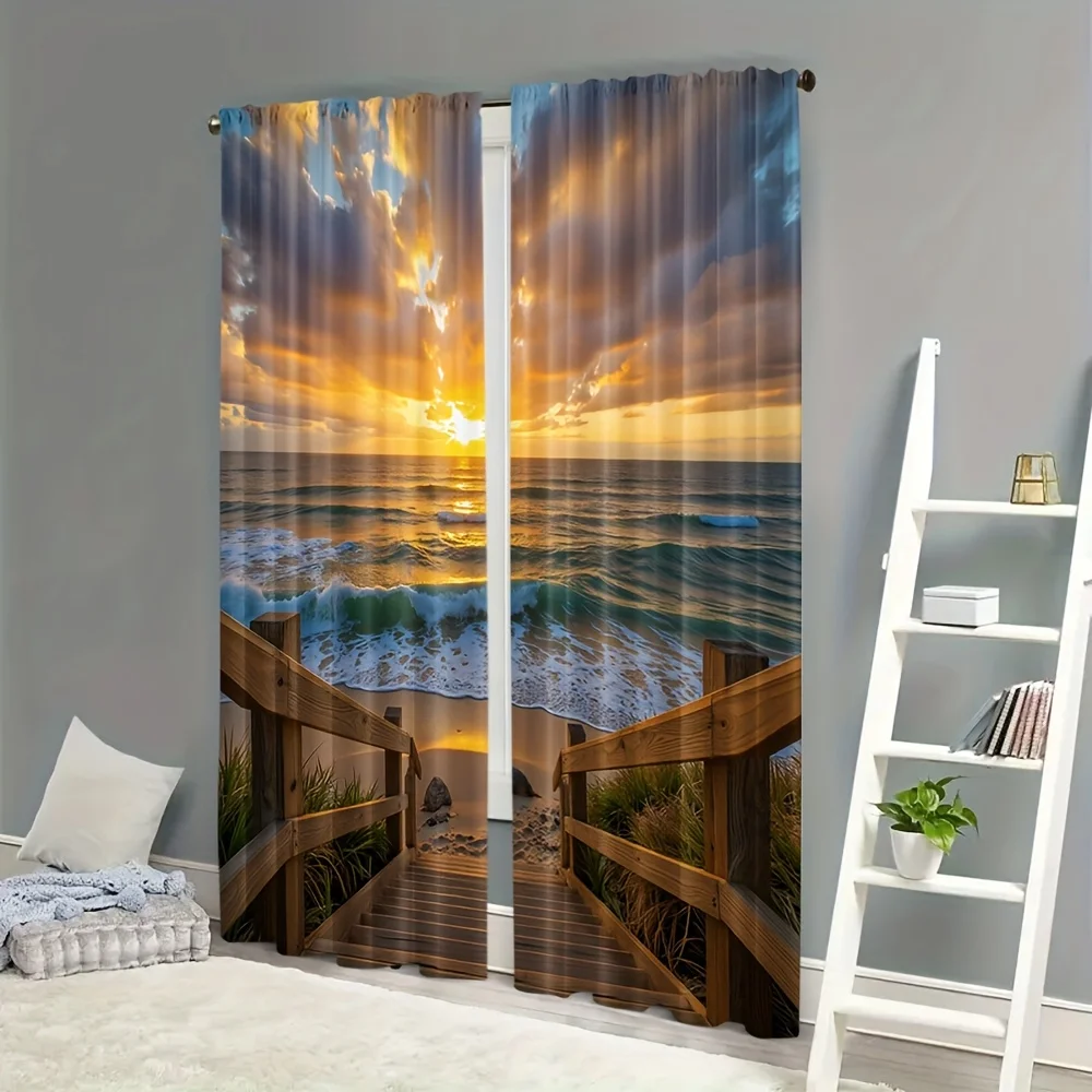 Polyester Sunset Ocean View Window Curtains Dramatic Beach Coastal Decor Waterproof Window Drapes Curtains Panels for Home Livin