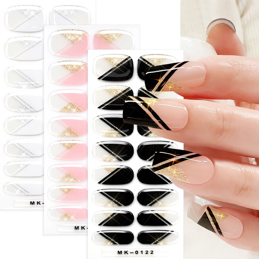 16Tips Glitter French Lines No-Bake Gel Nail Wraps Geometric Stripe Baking-Free Nails Stickers Daily Work Elegant Manicure Strip