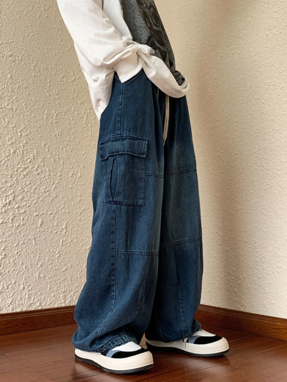 

Loose Straight Leg Workwear Jeans Men's Casual Sle American Retro Long Trousers Youth Faion Resistant to Dirt And Wear