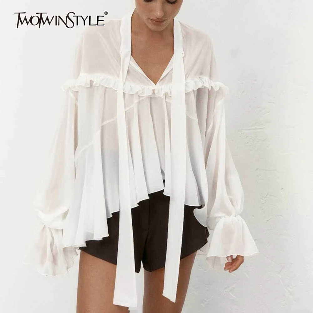 

TWOTWINSTYLE Solid See Through Chiffon Blouse for Women Stand Collar Flare Sleeve Loose Patchwork Ruffles Shirt Female Fashion