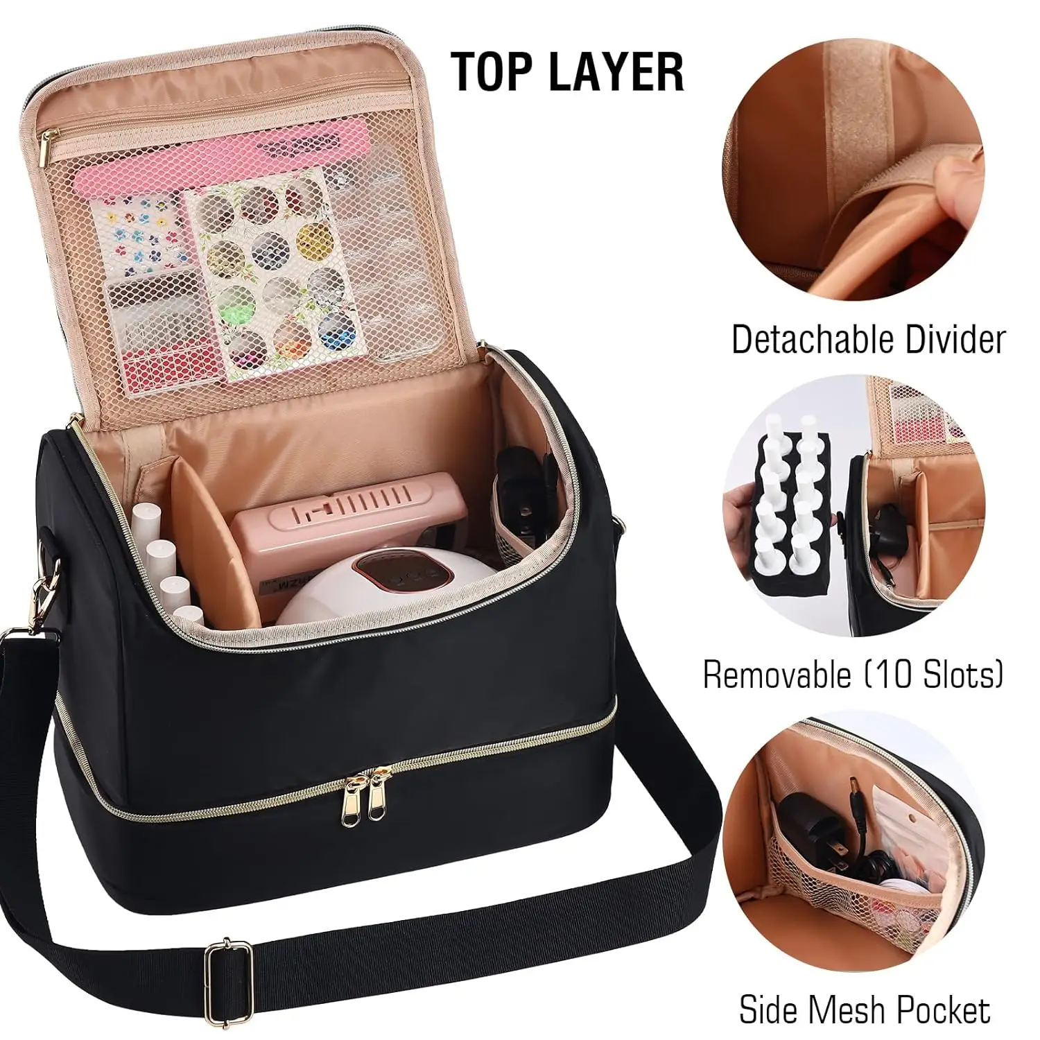 マニキュアオーガナイザーケース、50本のボトルとネイルランプを収納可能、防水トラベルキット（ブラック）