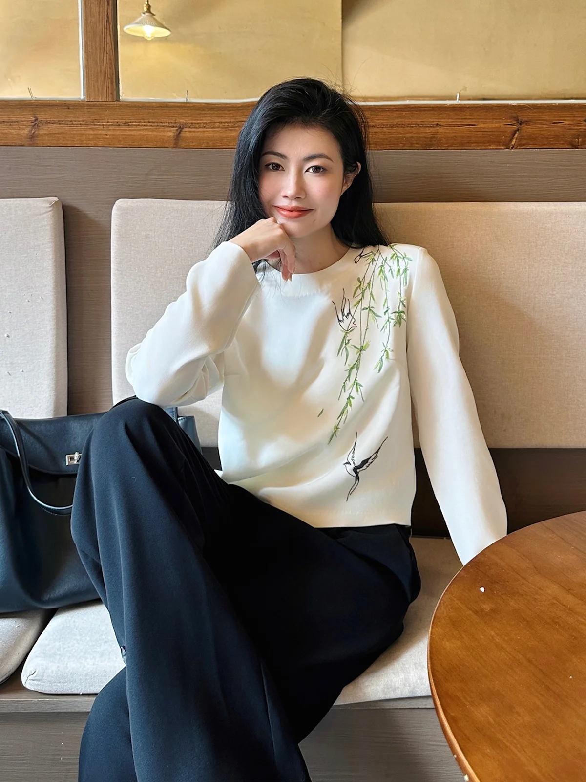 

Ele Женская ацетатная вышивка ручной работы irt Commute Sle Long Sve round Ne Regular Fit Warmth Feeling Original De...