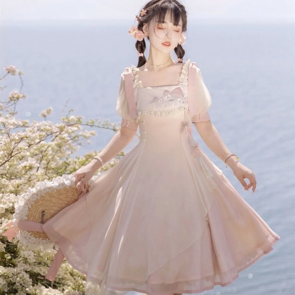 Xiaotao Yao Verbeterde Han Elemental Hanfu Klassieke Pop Lolita Jurk Met Korte Mouwen Gothic Lolita Accessoires Perzik Roze Lolita