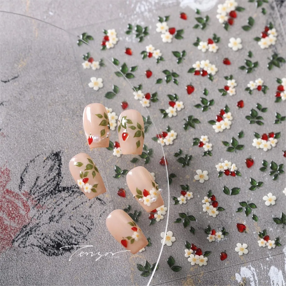 5D in rilievo gelatina foglia verde adesivi per unghie carino rosso fragola decalcomanie per unghie autoadesiva primavera estate verde floreale per unghie supplie