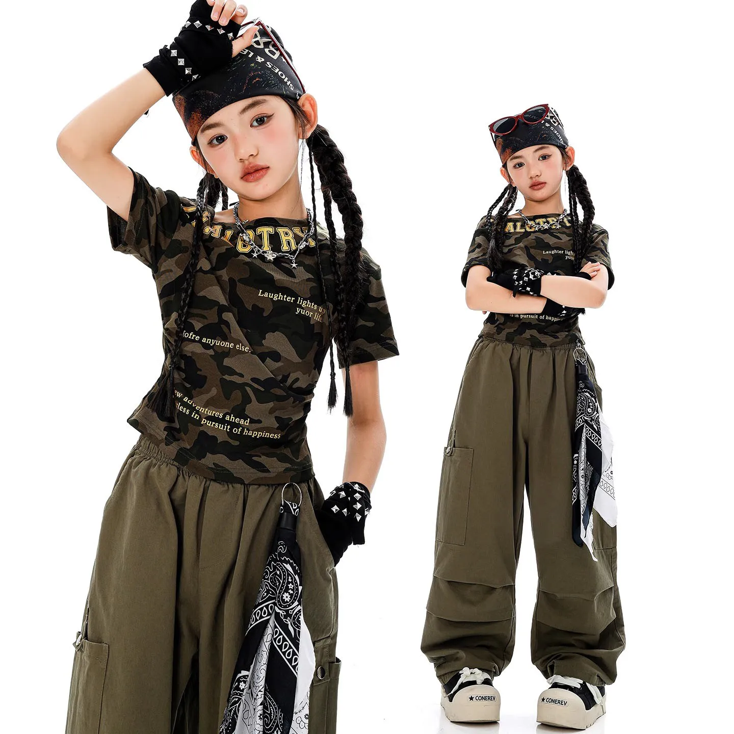 

2025 Girls Jazz Dance Costume Summer Street Wear Hip Hop Performance Suit Camouflage Short Sleeve Navel Top Green Pants BL16240