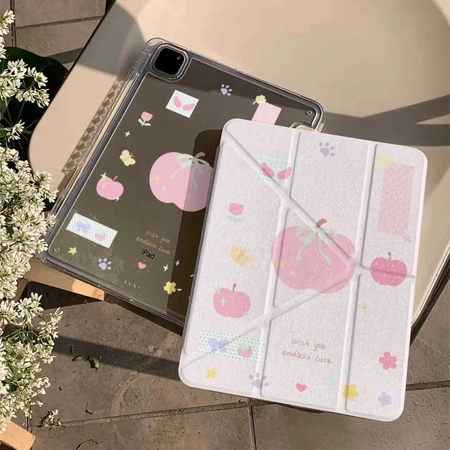 Ins Pink Apple Bow Tablet Case For iPad Pro 11 12.9 13 A16 M2 M4 M3 M5 Shell 8.3 9.7 10.2 5/6/7/8/9/10/11th Mini Air 3 4 5 Cover