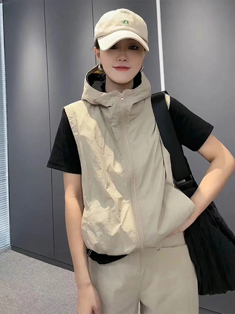 여름 새로운 캐주얼 후드 솔리드 컬러 슬리밍 유행 통기성 조끼 얇은 여름 태양 보호 겉옷 여성 자켓