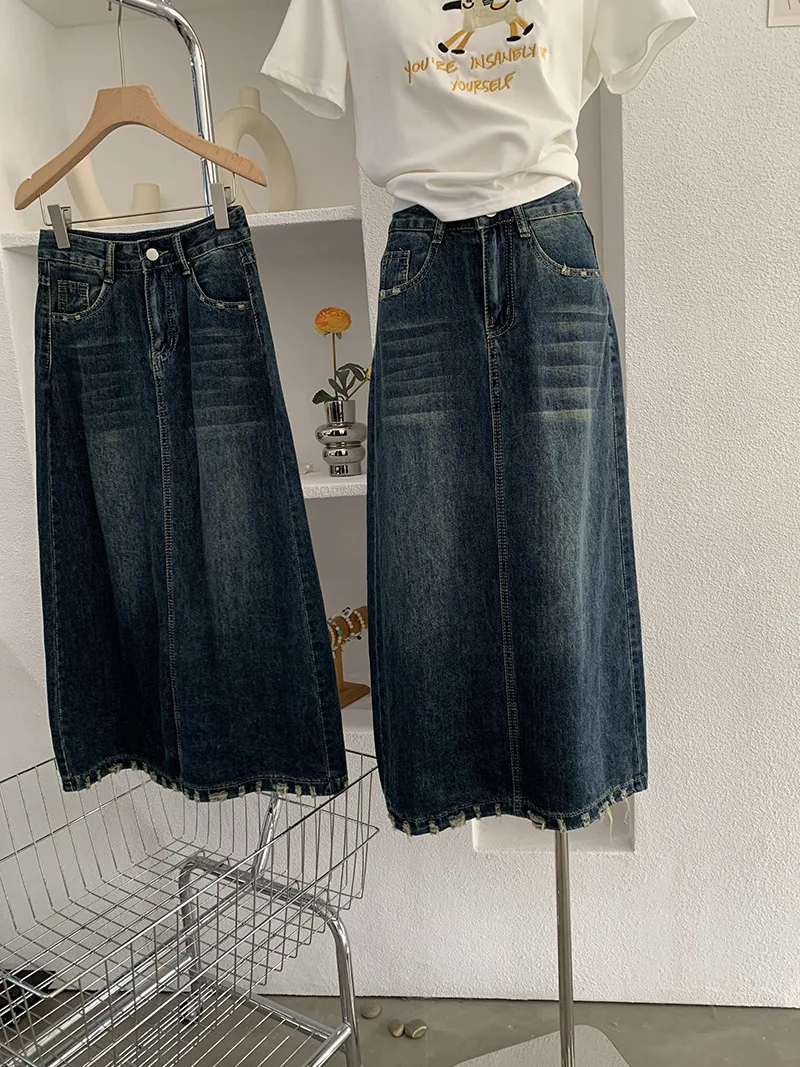 

Summer Korean Retro Raw Edge Denim Skirts Women Fashion High Waist Slit A-Line Skirt 2026 New Streetwear Versatile Jean Skirts
