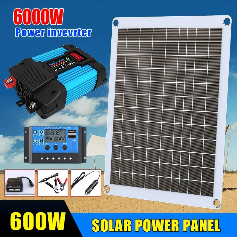 6000W Solar Inverter Kit 12V to 110V/220V with 600W Panel & Controller - Complete Off-Grid Power System for Home RV Camping