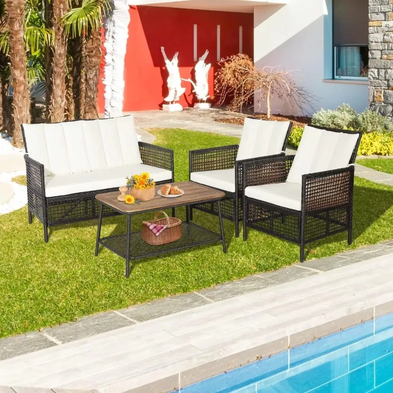 Patio Furniture Set, Outdoor PE Wicker Conversation Set with 2-Tier Coffee Table,  Wood Tabletop & Extra Storage Shelf