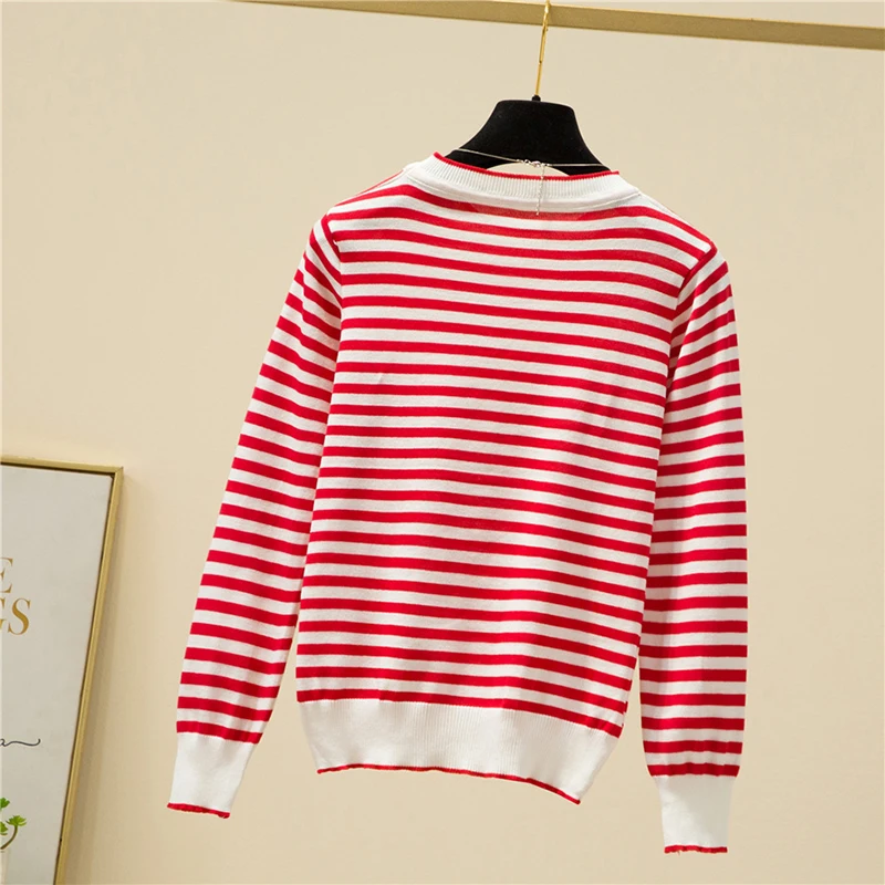 Striped Knitting Womens Sweater O Neck Loose Long Sleeve Thin Soft Pullover Tops Femme Basic Casual All-match Knitwear Female