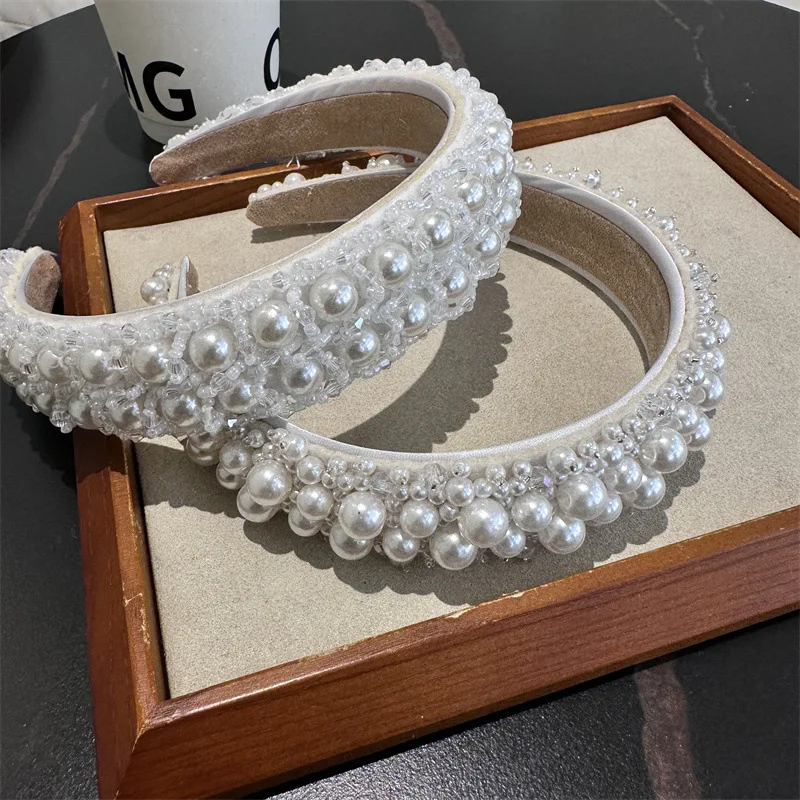 Faux Pearl Headbands for Women White Bling Rhinestones Hairbands Bridal Hair Hoop Wedding Accessories for Girls