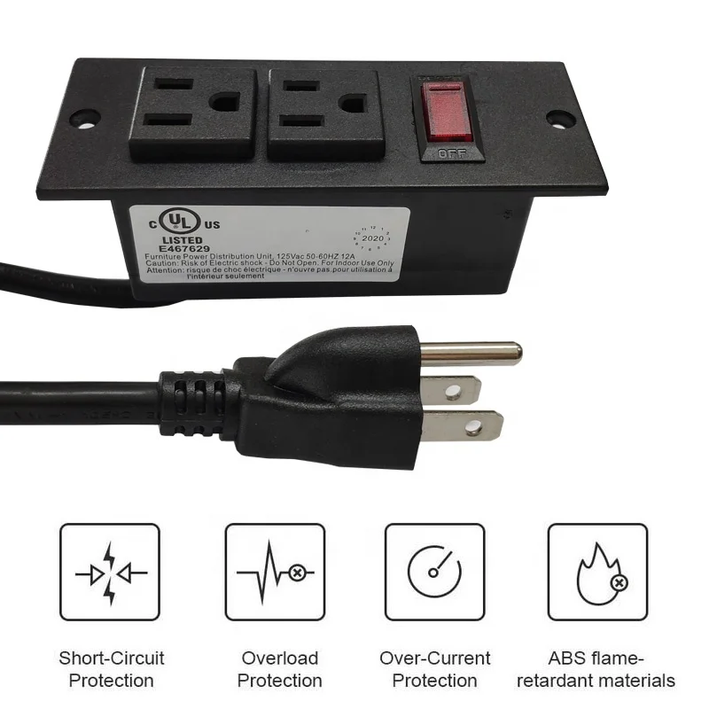 Montável embutida Power Strip móveis, soquete de bolso, US Outlet com protetor contra surtos, mesa de secretária, USB, 2 superfícies de saída