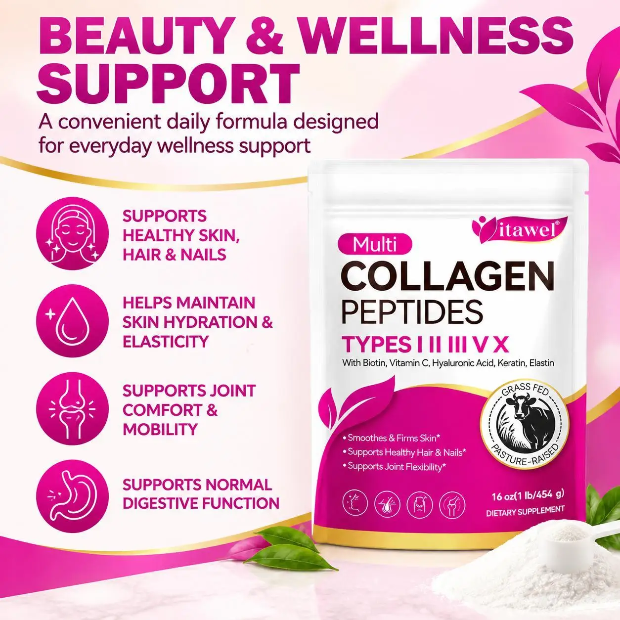 Support Skin Hydration & Hair Nail Health, Multi Collagen Peptides Powder Types I II III V X with Biotin & Hyaluronic Acid, 454g