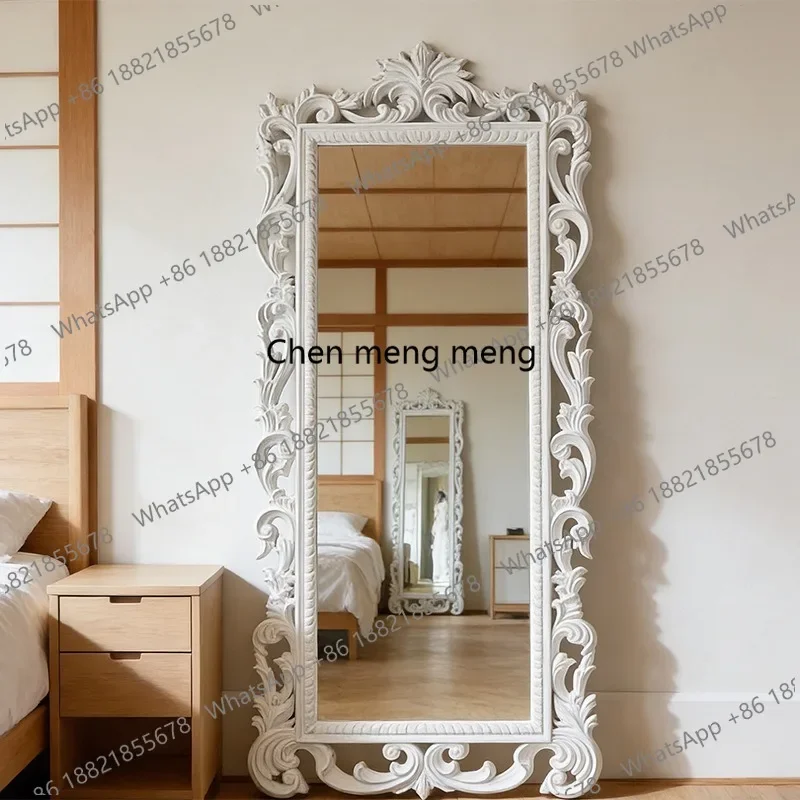 European antique white floor mirror, high-value dressing mirror, home French room, high-end full-body fitting mirror