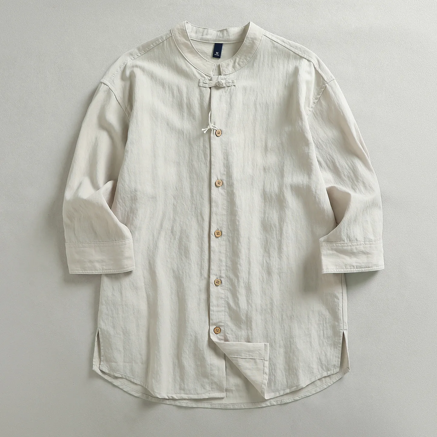 Men Chinese Style Mandarin Collar Frog Button 3/4 Sleeve Shirts Loose Vintage Casual Stand Collar Shirt Jacket