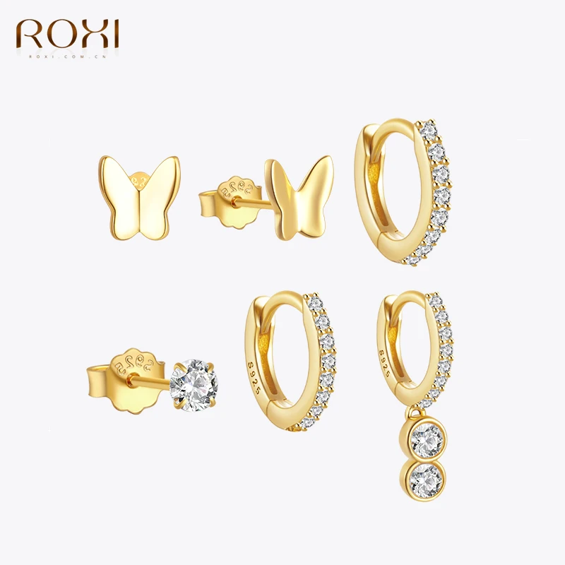 ROXI 925 Sterling Silver 3PCS DIY Hoop Earring With Butterfly Piercing Stud Earring Set Women Men Party Wedding Jewelry Set