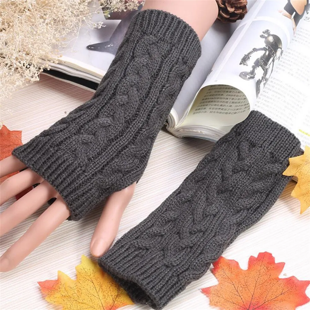 Women Knit Wrist Warmers Mittens Winter Warm Fingerless Gloves Crochet Thumbhole Striped Wool Half-Cut Student Writing Cycl