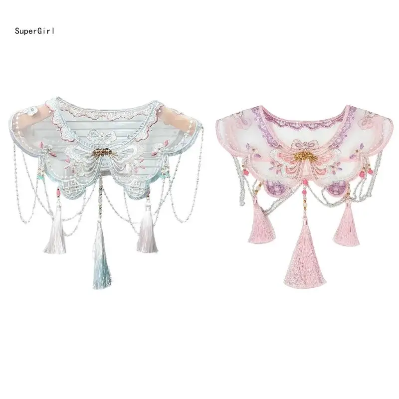 Chinese Butterfly Embroidery Shawl False Collar Wrap for Women and Girl Vintage Beaded Tassels Shoulder Capelet Scarf J78E