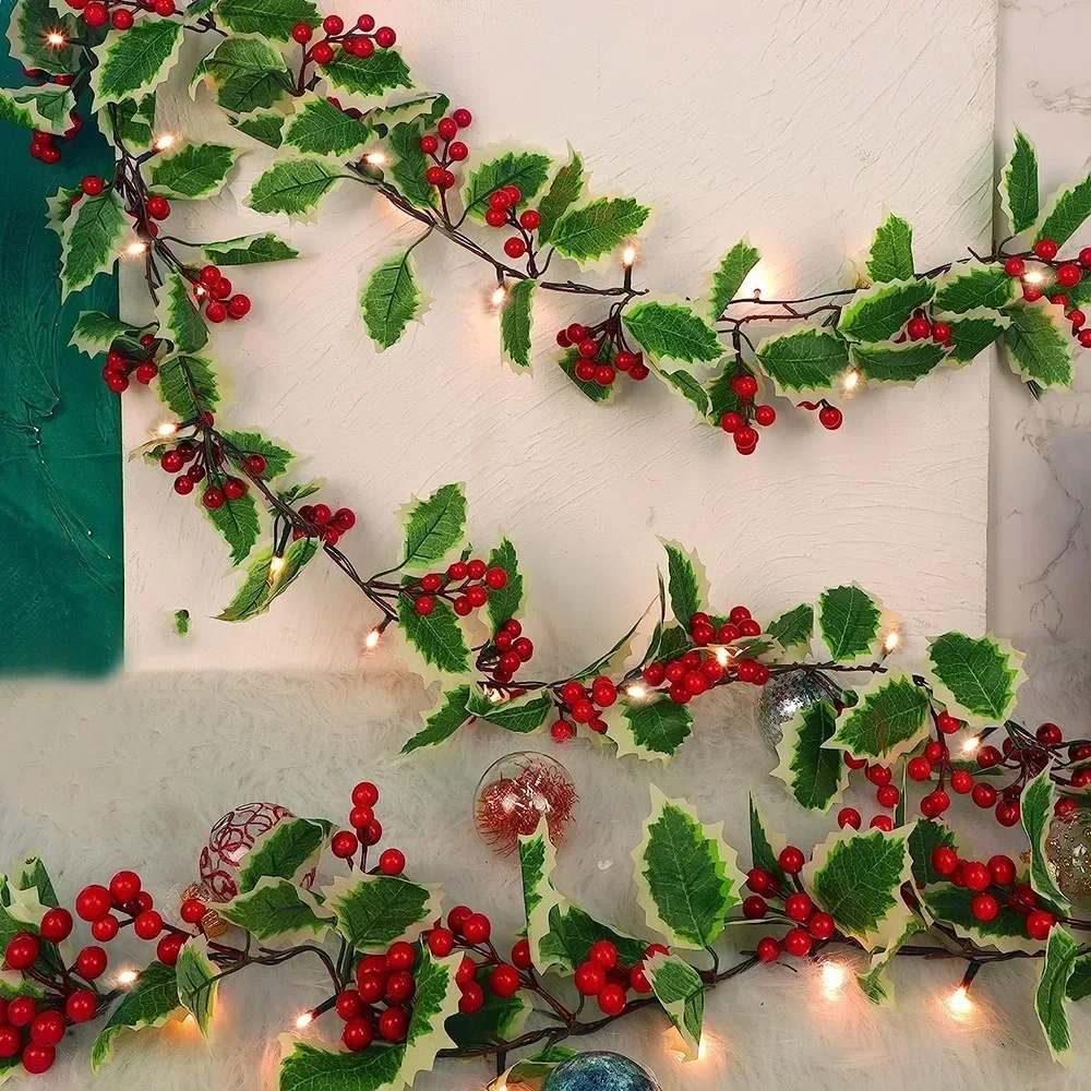 2M Christmas Garland With Light String Artificial Red Berries Holly Leaves DIY Rattan Wreath Ornament Home Xmas New Year Decors