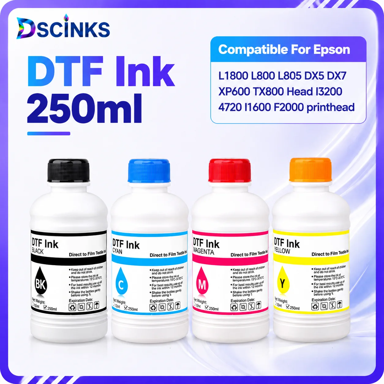 4PCS*250ML DTF Ink kit For direct transfer Film For PET Film DTF ink all desktop & large format DTF printer 1BK 1C 1M 1Y 2WH