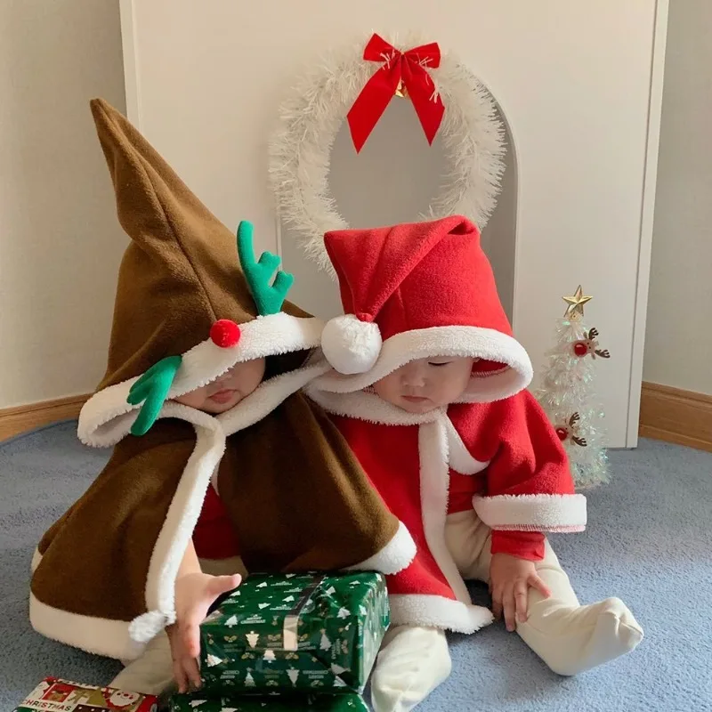 

Корейский детский рождественский плащ с капюшоном, зима 2029, накидка на плюшевой подкладке для новорожденных, наряд для фотосессии, наряд для младенцев