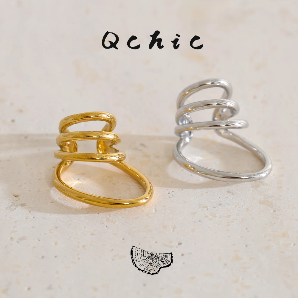 Qchic 1PC Stainless Steel Layered Cuff Cartilage Earrings Waterproof Metal Geometric Simple Trending Ear Clip Jewelry