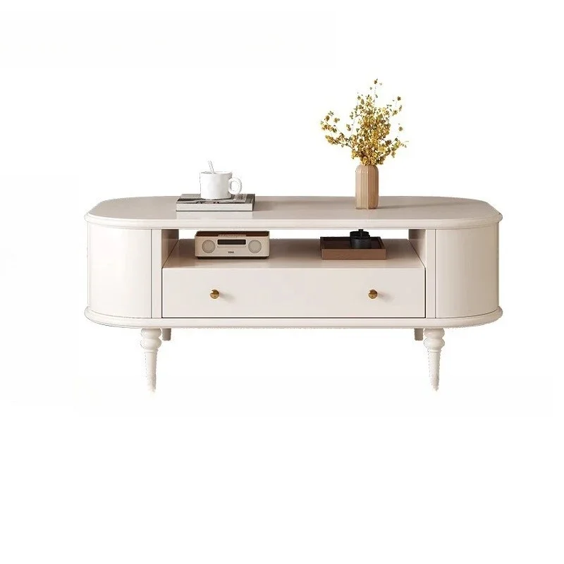 French cream-style solid wood TV cabinet coffee table, modern minimalist, living room floor-to-ceiling vintage