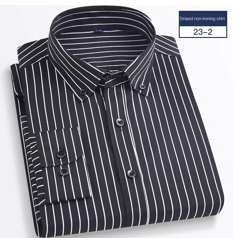 2024 New Stretch Long Sleeve Shirt Men\'s Stripe Korean Slim Shirt Business Casual Non-Ironing Comfortable Formal Work Wear Shirt