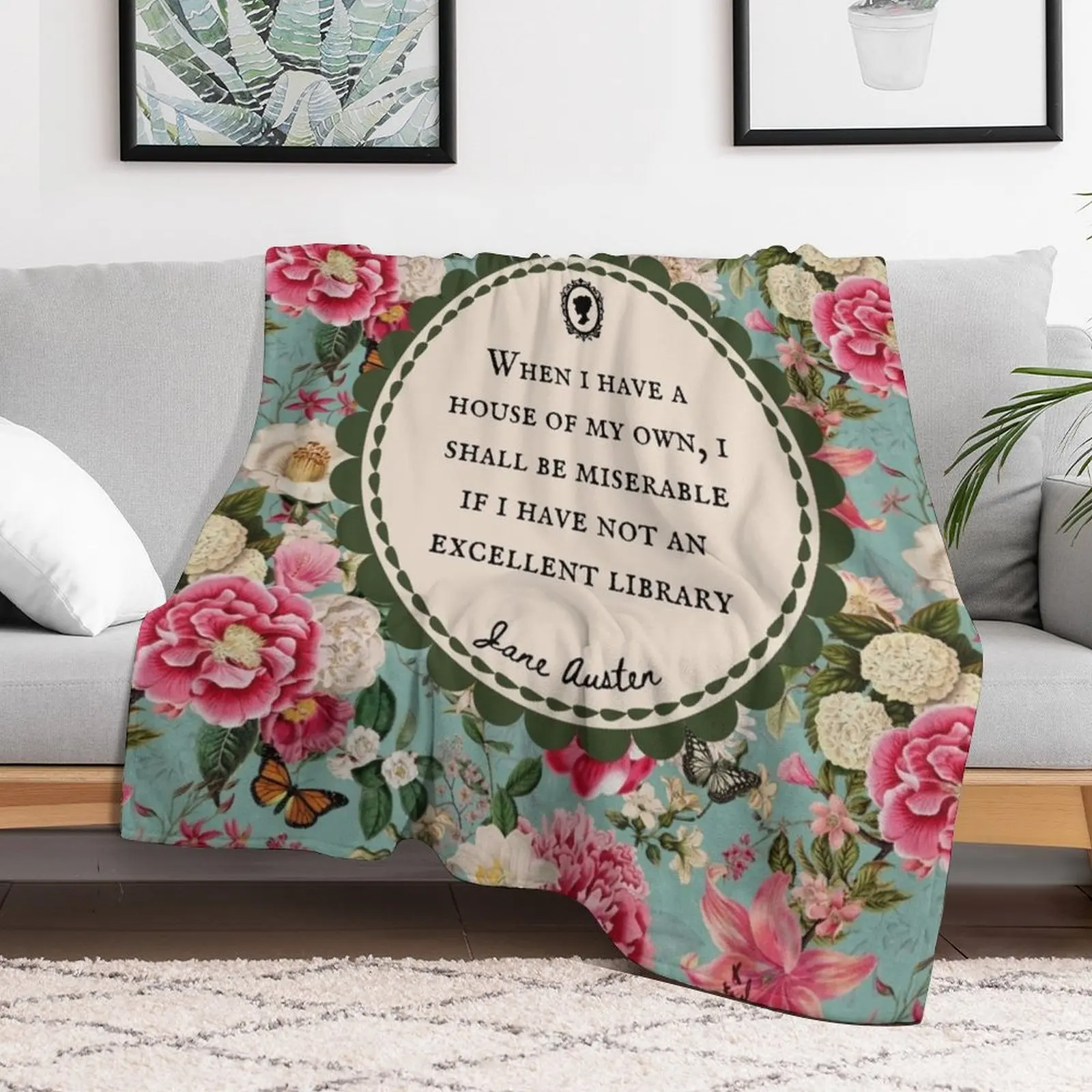 Jane Austen Library Quote, Literary, Bookish, Book Lover, Vintage Floral Flowers Throw Blanket Beautifuls Plush manga Blankets