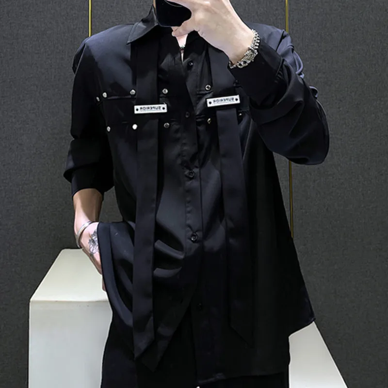 

Korean Patchwork Shirt Men's Camisa Social Masculina 2024 Trend Brand Fashion Black White Belt Multiple Wearing Styles Shirts