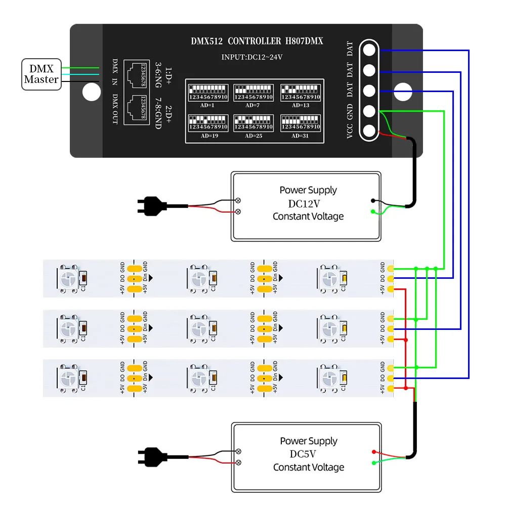 Controlador LED DMX512 H807 RGB, controlador de tira Led DMX WS2811 WS2812B WS2813 WS2815 píxeles, luz de escenario DMX, 1024 píxeles, 13 canales