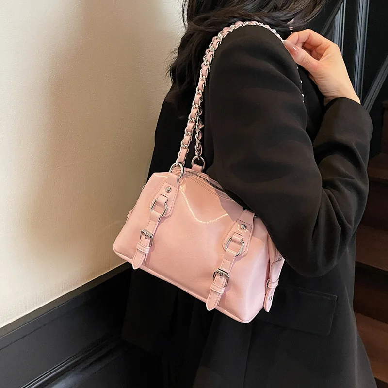 

Women Fashion Handle Pillow Bags Solid Pu Leather Chain Shoulder Bags Large Capacity Female Casual Underarm Pack Lady Tote Bag