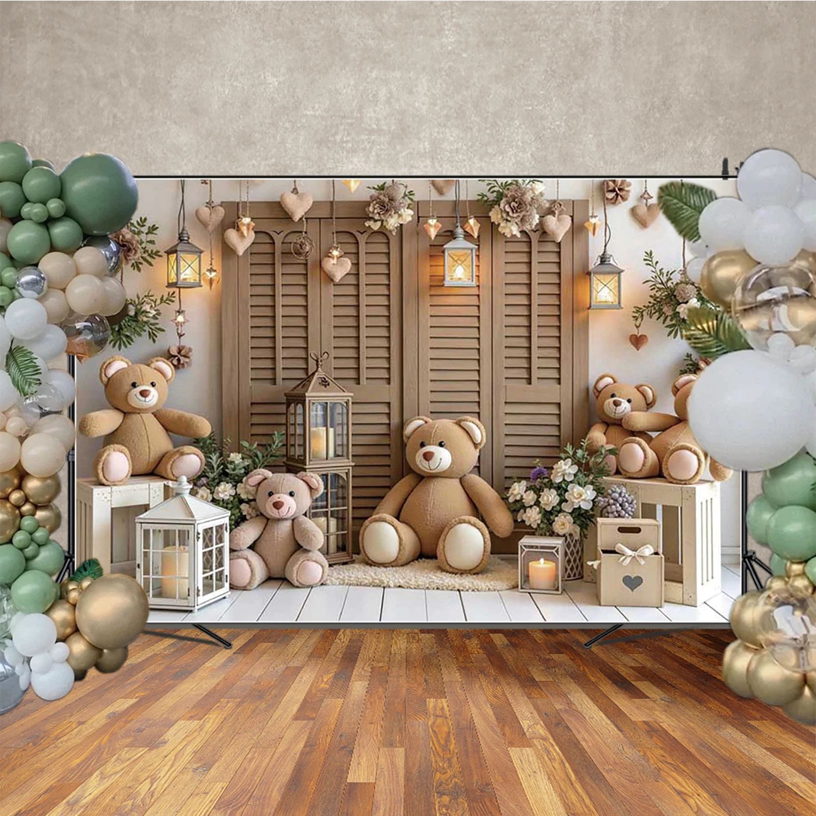 MOON.QG استحمام الطفل عيد ميلاد خلفية التصوير زهرة شمعة تيدي بير فوتوزون خلفية الأطفال استوديو الصور مجموعات