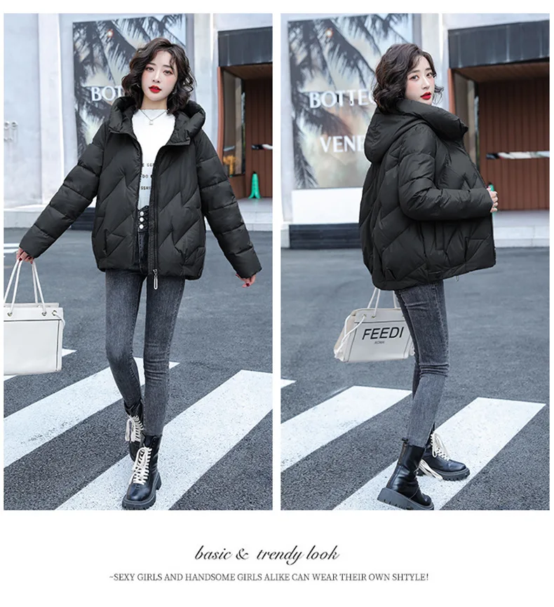 Women's Short Winter Cotton Jacket Warm New Loose Hooded Thick Cotton Coat Trendy Quilted Cotton Padded Jacket Parkas Clothing